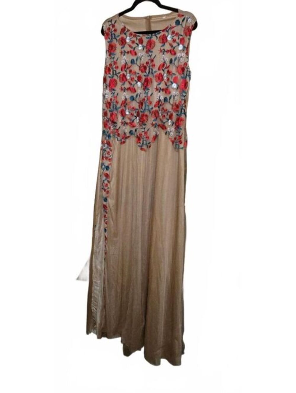 Gold Floral Embroidered Maxi Dress Sleeveless Sheer Overlay Long party gown